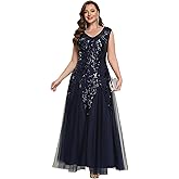 Ever-Pretty Plus Women's V-Neck Sequin Plus Size Formal Evening Dress A-Line Cap Sleeves Prom Dresses Ball Gowns