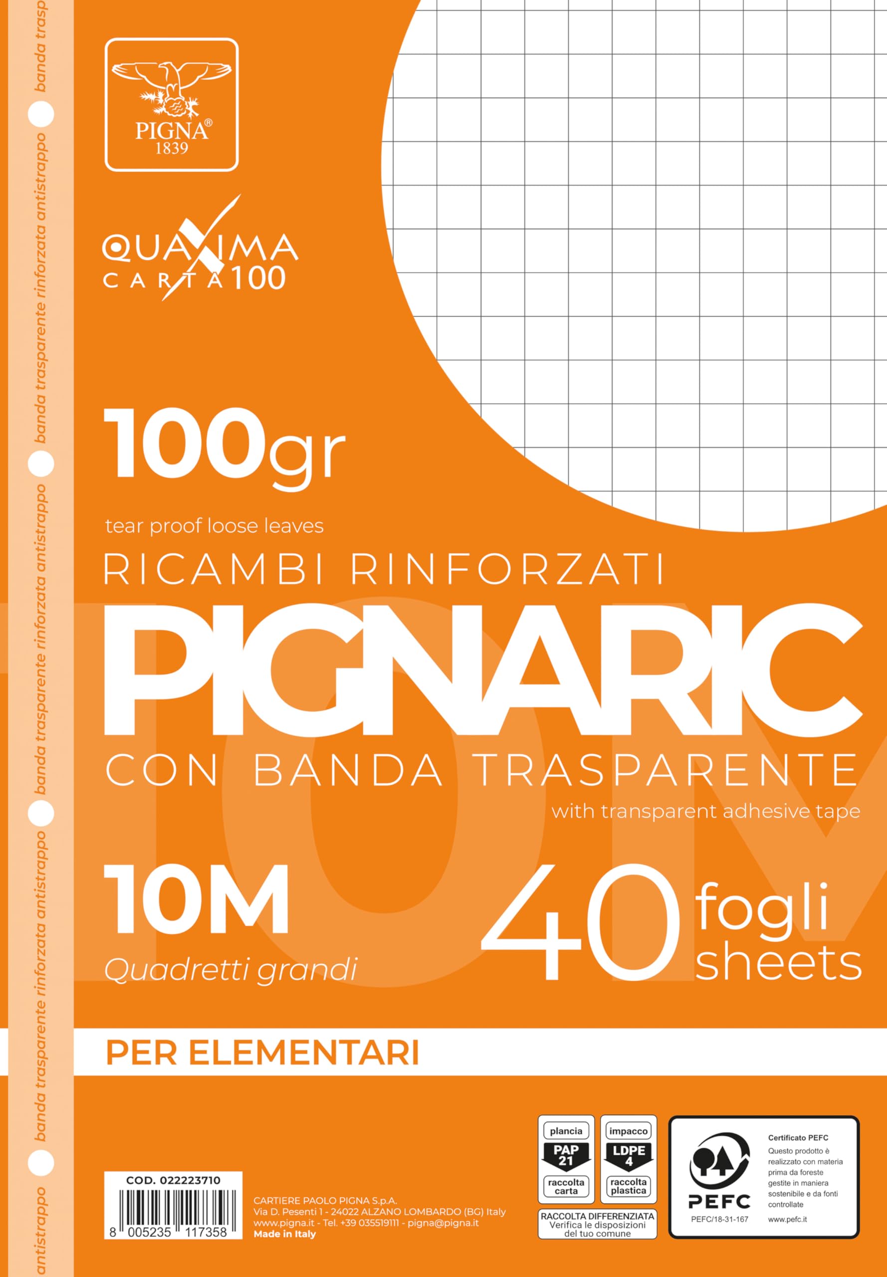 Pigna, Pack of 40 Sheets with 4 Holes, Tray, Reinforced Side Strip, Reinforced Holes Sheets, 100gsm Paper, A4 Sheets 21x29.7, 0Q, Square 5 mm with Margin
