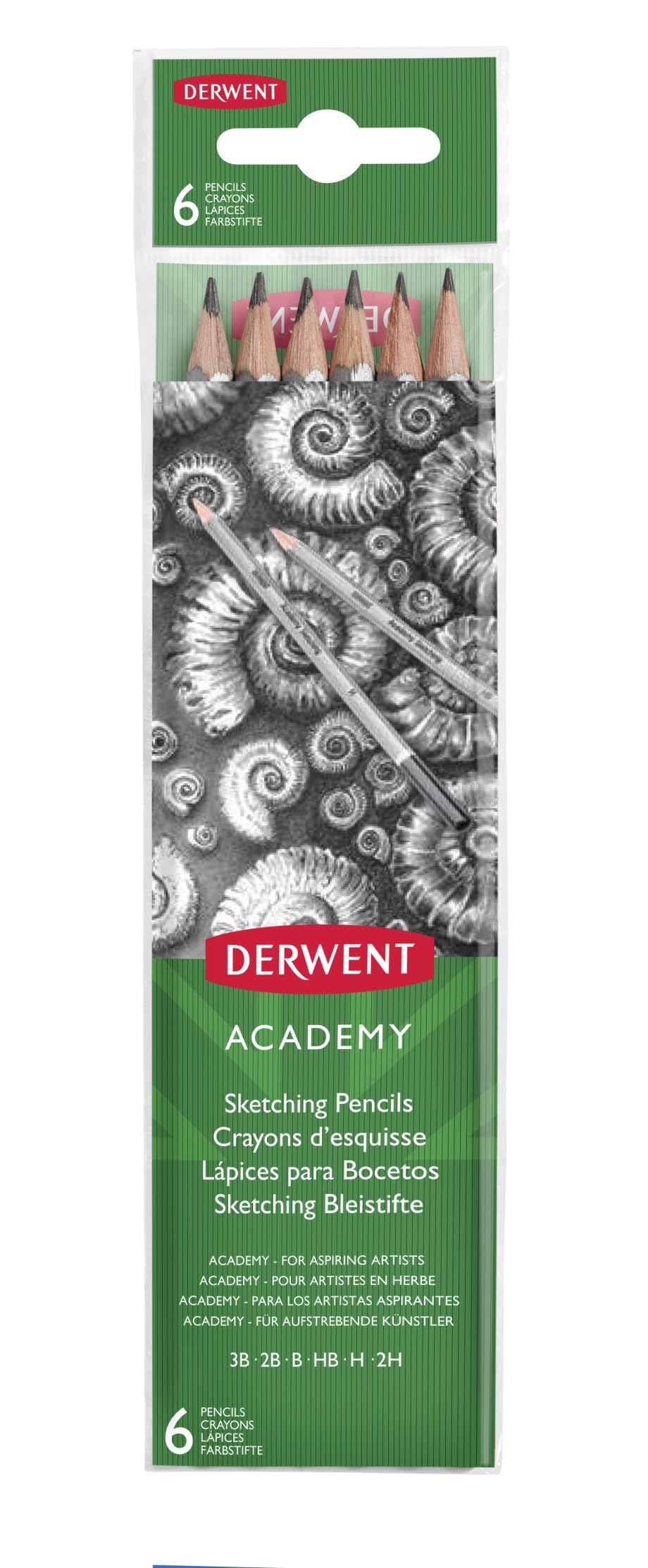 Derwent Academy Graphite Sketching Pencils, Set of 6, Wallet, 3B-2H Degrees, , 2300086