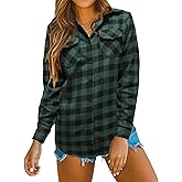Oyamiki Womens Casual Cuffed Long Sleeve Boyfriend Button Down Plaid Flannel Shirt Tops