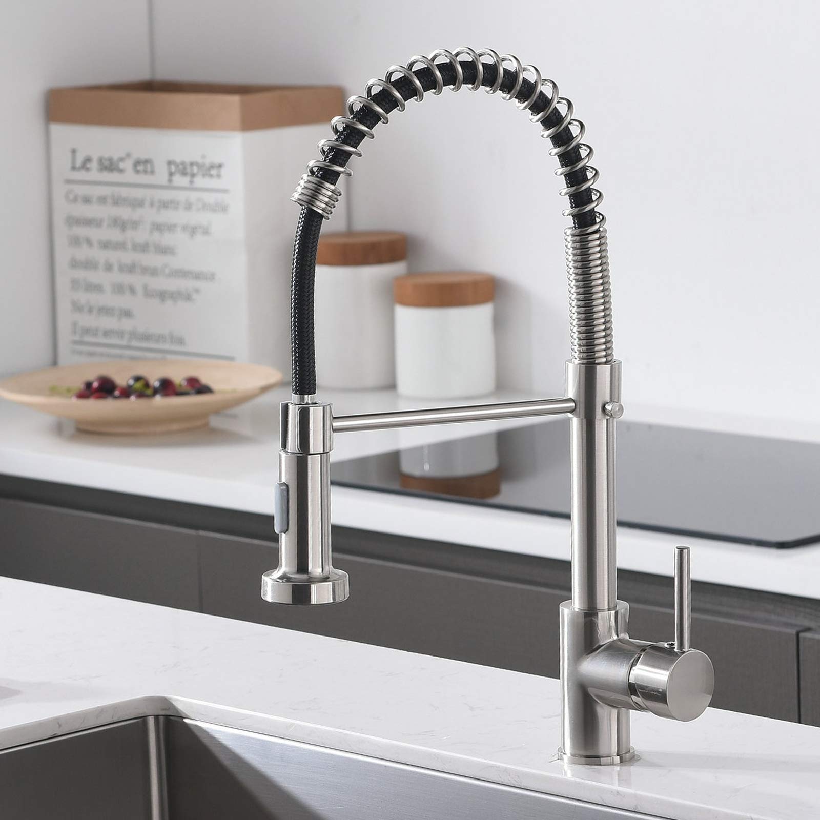 NEWRAIN 2 Function Kitchen Mixer Taps with Pull Out Spray, Stainless Steel Sink Taps, High Arc 360° Swivel Brushed Nickel Kitchen Faucet