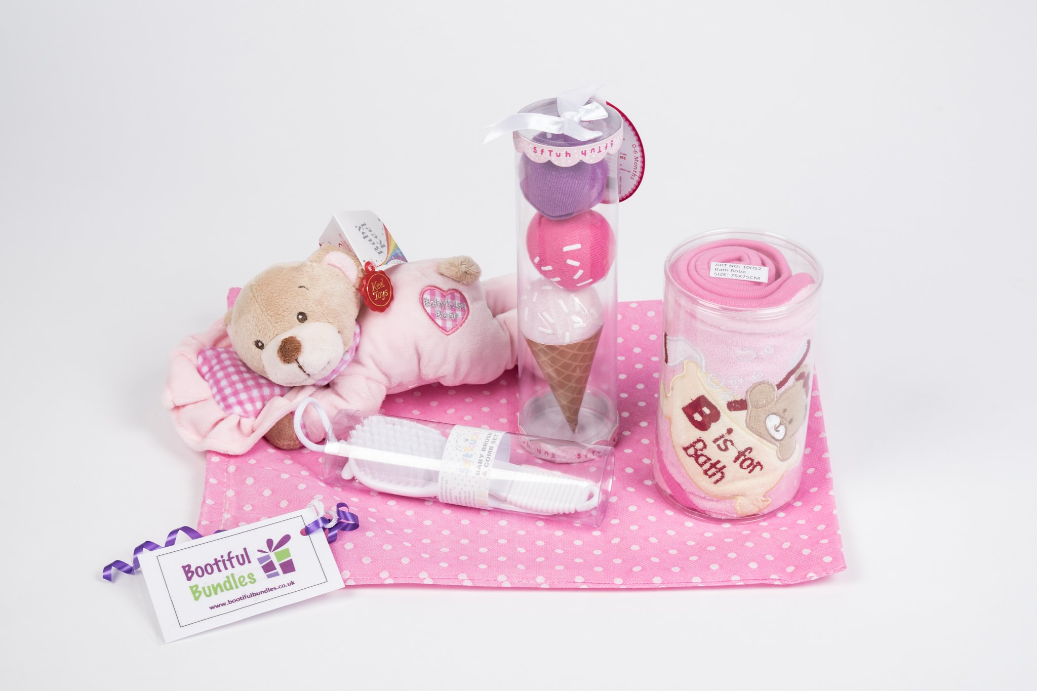 New Baby Girl Bundle, Eli & Raff Comforter Blanket & Rattle, 3 Pairs Tiny Pink Socks, Keel Slumber Bear, Soft Brush& Comb Set, Embroided Hooded Towel, Gift