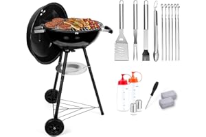 18In Kettle Charcoal Grill Set(18PCS), Joyfair Barbecue Grill & Grilling Accessories, Outdoor Smoker with Lid & Wheels for Camping Backyard Beach BBQ, Include Spatula, Food Tong, Brush and More Tool