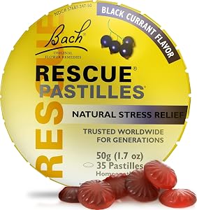 Bach RESCUE PASTILLES, Black Currant Flavor, Natural Stress Relief Lozenges, Homeopathic Flower Essence, Vegetarian, Gluten A