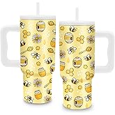 xiiai Bee Themed Gifts - 24 oz Tumbler with Handle and Straw - Insulated Stainless Steel Cup, Leakproof, Cute Bee Design Travel Mug for Women, BPA Free, Fits Car Cup Holders, Keeps Drinks Cold/Hot
