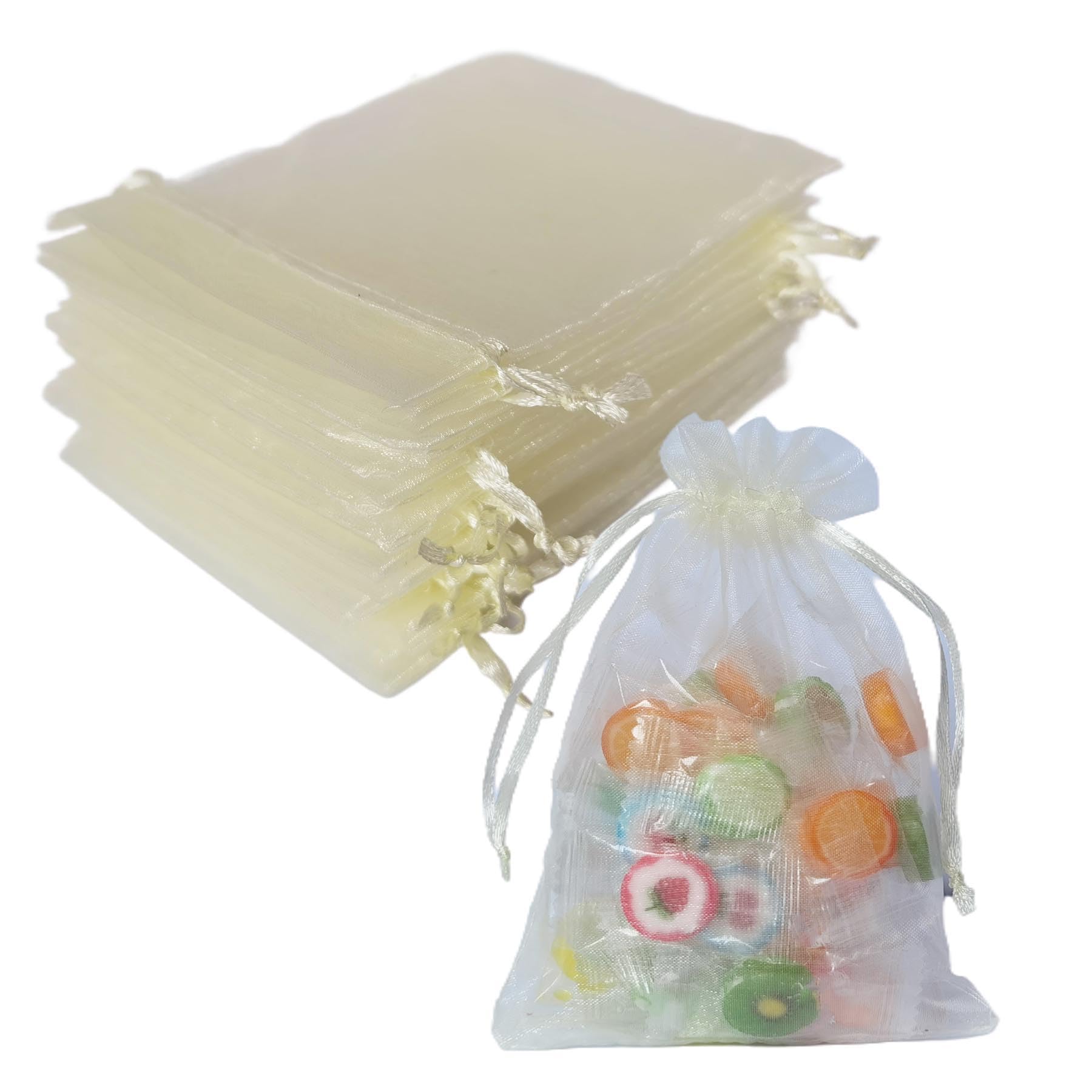 Photo 1 of 100 Pcs Organza Drawstring Gift Bags 5x7 inch Ivory for Jewelry,Candy,Card,Coin,Sheer Fabric Clear Mesh Wrap Pouches Sachet for Baby Shower,Christmas,Party Favors,Bridal Shower,40th Birthday,Wedding