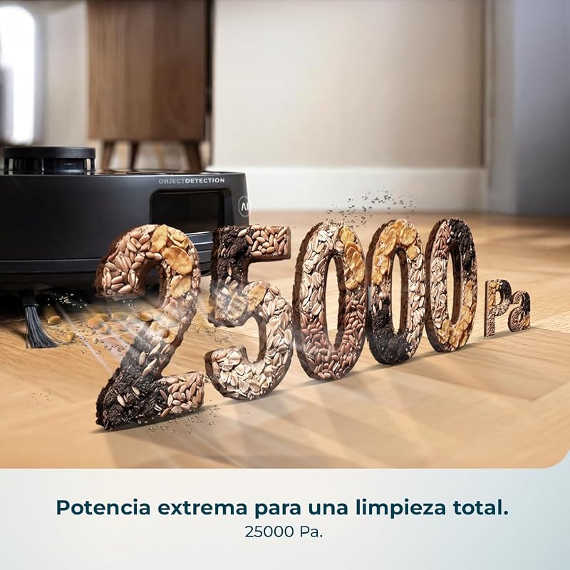 Robô aspirador e esfregão de chão com AI Conga M90 Dark. Navegação a laser, aspiração motora 25000Pa, autonomia 240 minutos, escova de silicone, para animais de estimação, Bluetooth e WiFi, controlo por aplicação