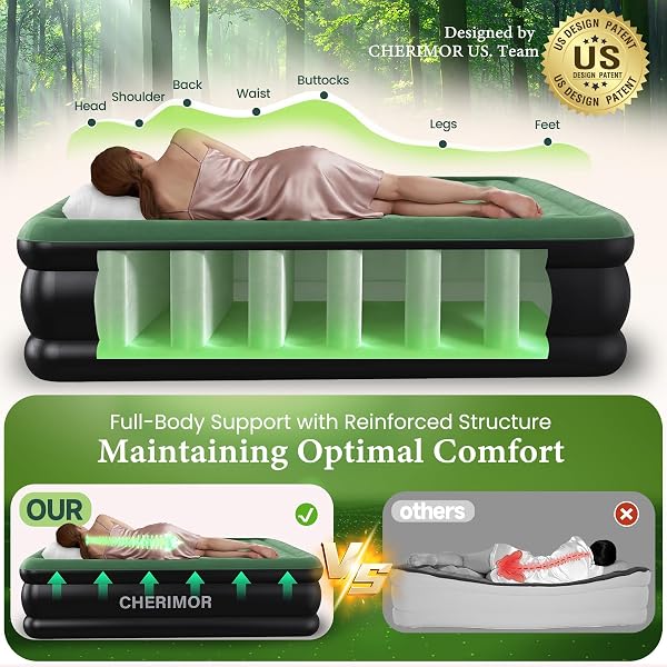 CHERIMOR QUEEN AIR MATTRESS WITH BUILT-IN PUMP, 18″ RAISED COMFORT, 800LBS HEAVY-DUTY SUPPORT, ANTI-SAG HORIZONTAL BEAM, LEAK-RESISTANT DESIGN, 3-MIN FAST INFLATION BLOW UP BED FOR GUESTS & CAMPING
