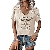 Wudlads Retro Cowboy Graphic T Shirt for Women Vintage Country Music Hollowed Short Sleeve Shirts Summer V Neck Casual Tops