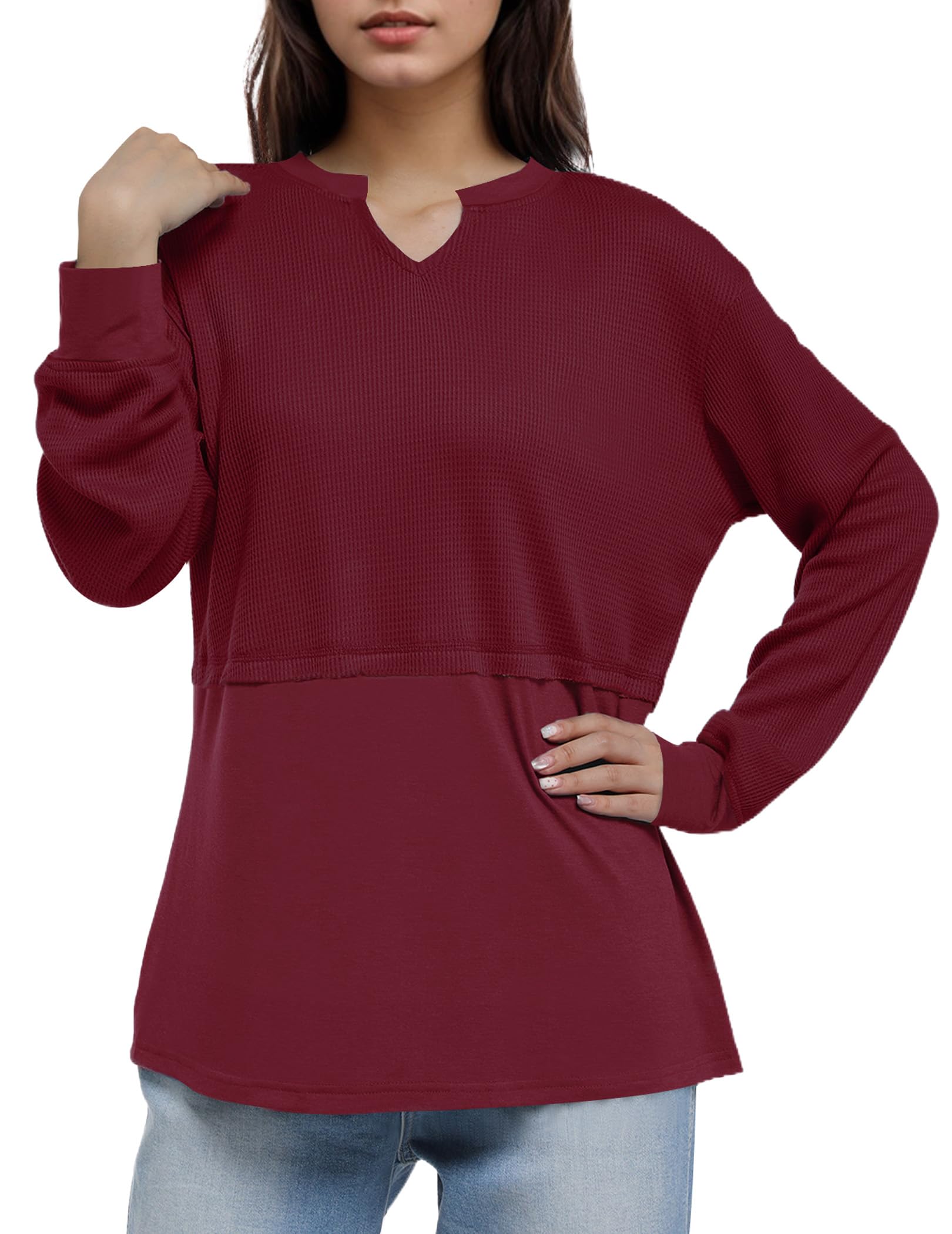 Cnlinkco Summer Long Sleeve Tops For Women Fashion Casual V Neck Splicing Blouse Loose Solid Color Pullover Tops (Wine Red,XXL)