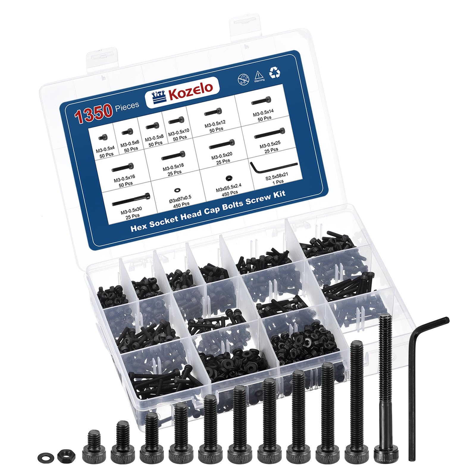 Kozelo 1350pcs Socket Head Cap Screws Bolts Nuts Assortment Kit - [M3x4/6/8/10/12/14/16/18/20/25/30mm] Alloy Steel Black Oxide 12.9 Internal Hex Screw for 3D Printer Use, with Wrench — image 1