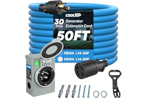 COOLTOP 30 Amp Generator Cord and Power Inlet Box Kit, 50FT 4 Prong Generator Extension Cord 10 Gauge Cable 125/250V NEMA L14‑30P to L14‑30R Pre-Drilled Inlet Box Emergency Power Kit, ETL Listed