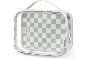 Narwey TSA Approved Clear Toiletry Bag for Travel, Waterproof PVC Clear Makeup Bags, Portable Compact Cosmetic Bag Make Up Organizer, Airport Airline Quart Size Compliant Bag (Mint Green Checkerboard)
