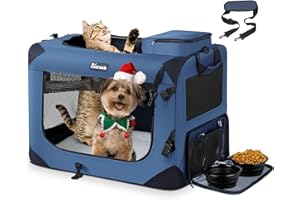 REEROOH Large Cat Carrier 24"x17"x17", Soft Dog Crate with 2 Bowls, Collapsible Travel Pet Carrier Bag for Cats Dogs Puppies Kittens (Navy)