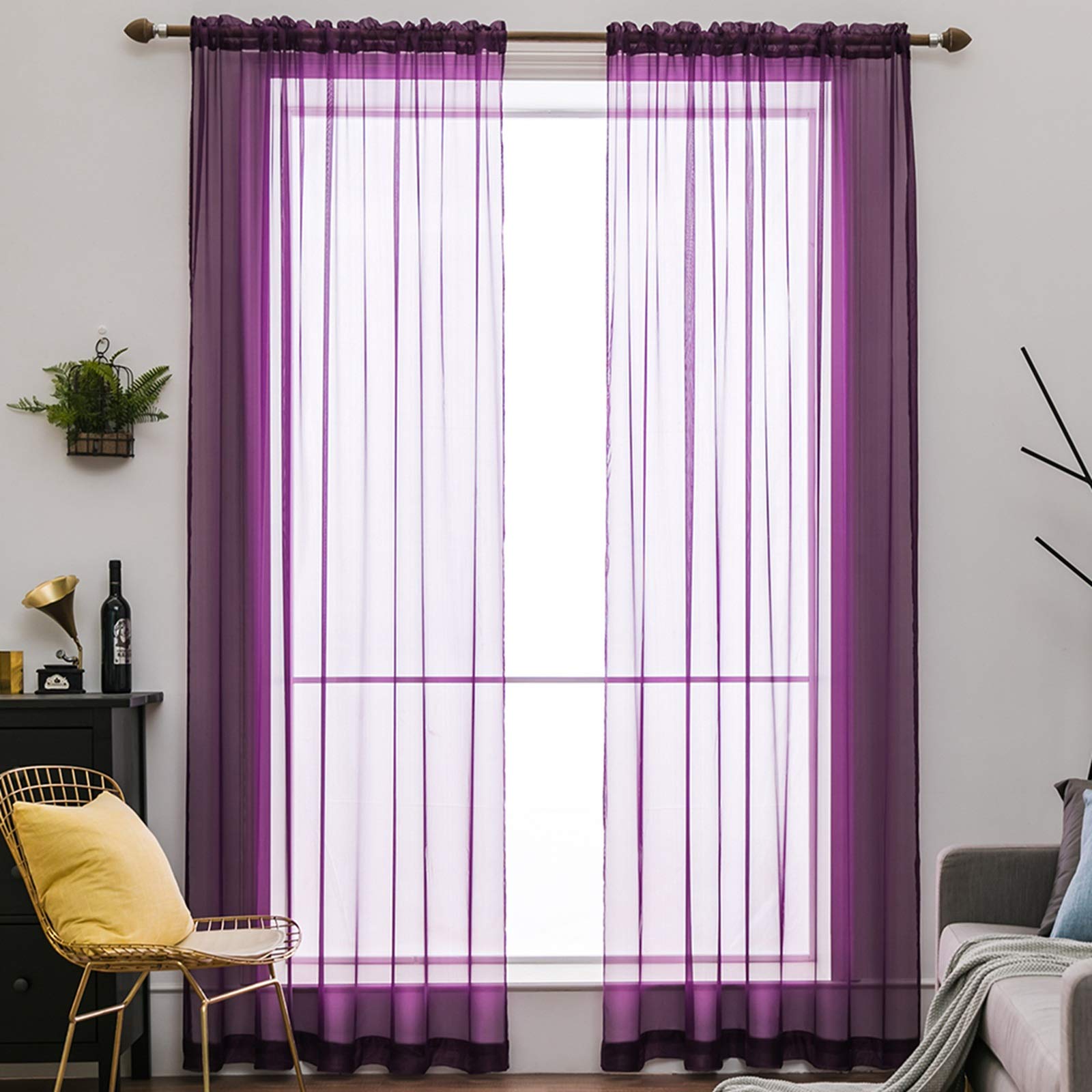 MIULEE 2 Panels Solid Color Sheer Window Curtains Smooth Elegant Window Voile Panels/Drapes/Treatment for Bedroom Living Room Purple 55" Wx102 L, Rod Pocket — image 1