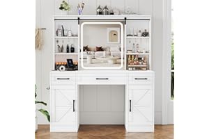 Irontar Farmhouse Makeup Vanity Desk with Sliding Mirror & Charging Station, Vanity Table with Lights & Hidden Storage Shelves, Makeup Desk with 3 Drawers and 2 Cabinets, White WDT009W