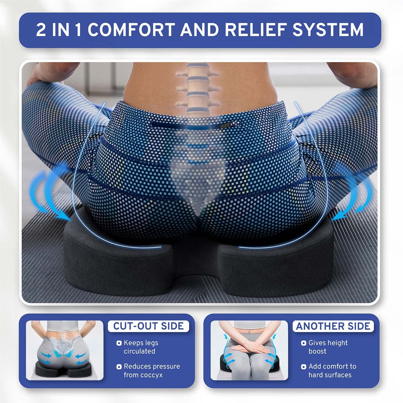 Memory Foam Seat Cushion - Tailbone Pain Relief Cushion, Non-Slip Sciatica Pain Relief Pillow - for Office Chair, Car, Wheelchair, Computer, Desk Chair - Coccyx, Lower Back Support (Black)