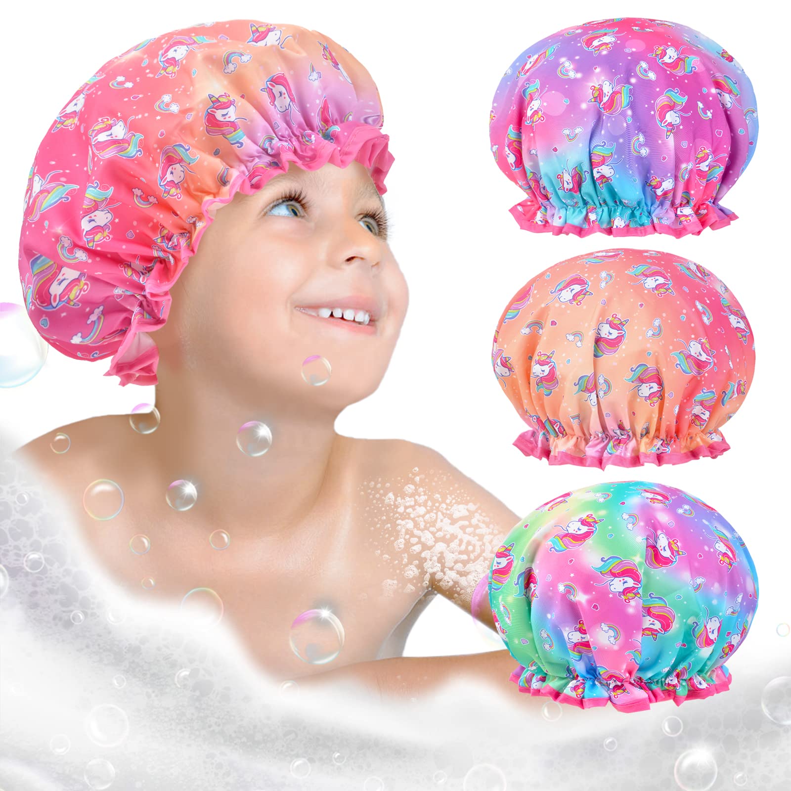 Shower Cap for Kids, 3 Pcs Kids Shower Caps for Girls, Cute Rainbow Hair Cap Wide Elastic Band, Plastic Reusable Waterproof Toddler Shower Cap, Large Bath Cap for Kids Girls Women