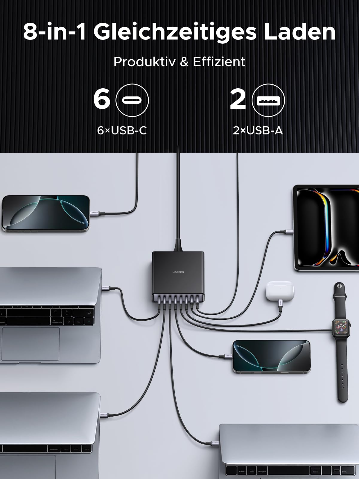 UGREEN USB C Ladegerät 200W GaN Netzteil 8-Port Desktop Ladestation PD Charger 100W Schnellladegerät mehrfach unterstützt PPS kompatibel mit MacBook Pro/Air, iPhone Serien, Galaxy Serien usw. 4