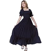 EXARUS Girls Smocked Dress Solid/Floral Teen Long Swiss Dots Maxi Tween Spring Casual A-line Flower Summer Dresses