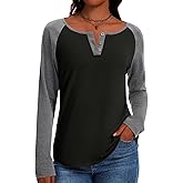 IECCP Long Sleeve Shirts for Women Casual Henley Tops Loose Fit Tshirt Dressy Color Block V Neck Button Womens Tunic Blouse
