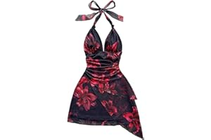 GORGLITTER Women's Y2k Floral Halter Dress Layered Ruched Deep V Tie Backless Mini Dresses Summer Vacation Sundress