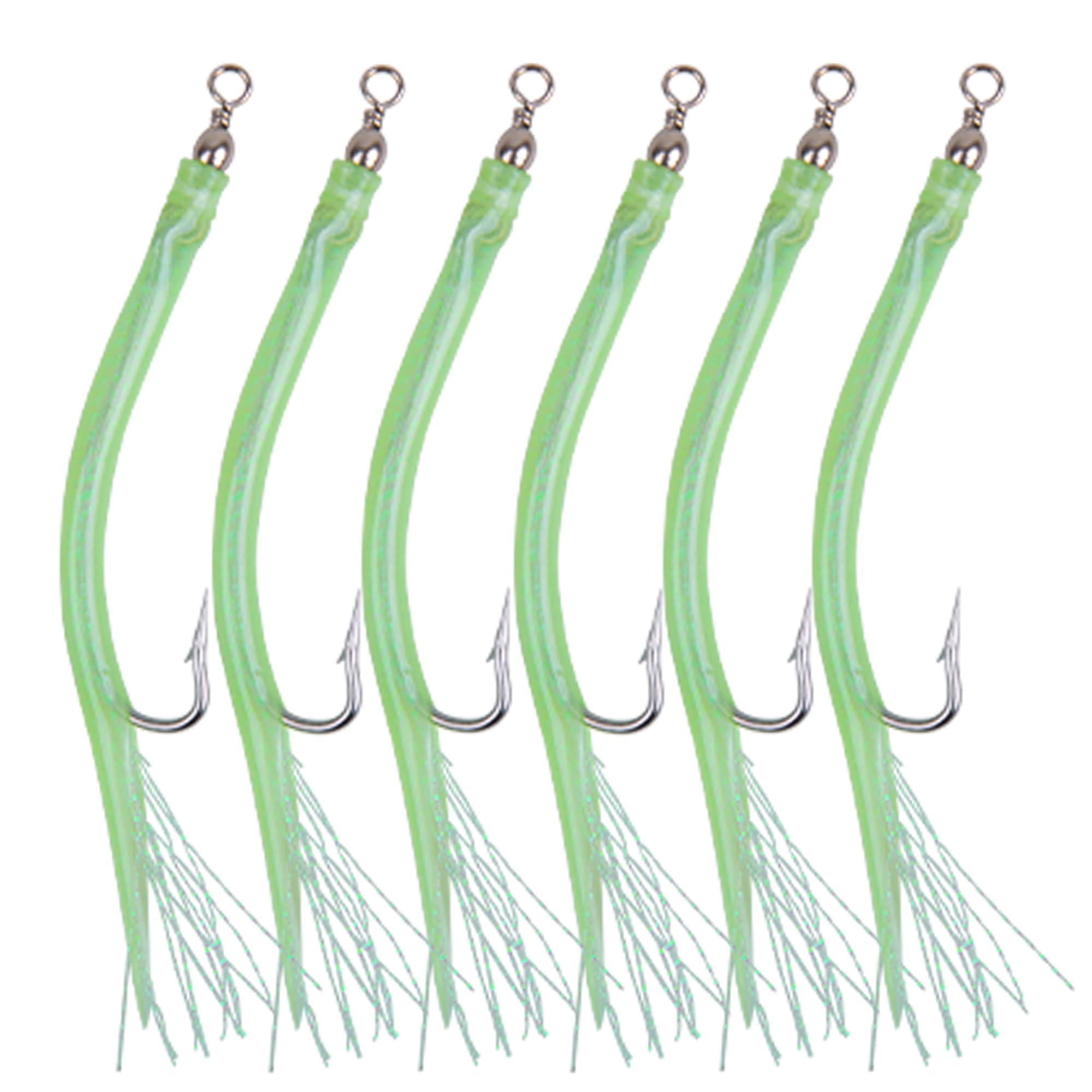 Eel Tube Long shank Hooks 5pcs Sand Eel Lure Offset Hook Striped Bass Fishing Lure with Rubber Tube Swivel Flash Teaser Luminous Bait Rigs Fishing Accessories (10/0-5pcs, Luminous Green)