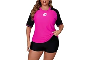 JOYBIK Women's Plus Size Two Piece Short Sleeve Rash Guard Sets with Built in Bra UPF50+ Swim Shirt Top and Shorts