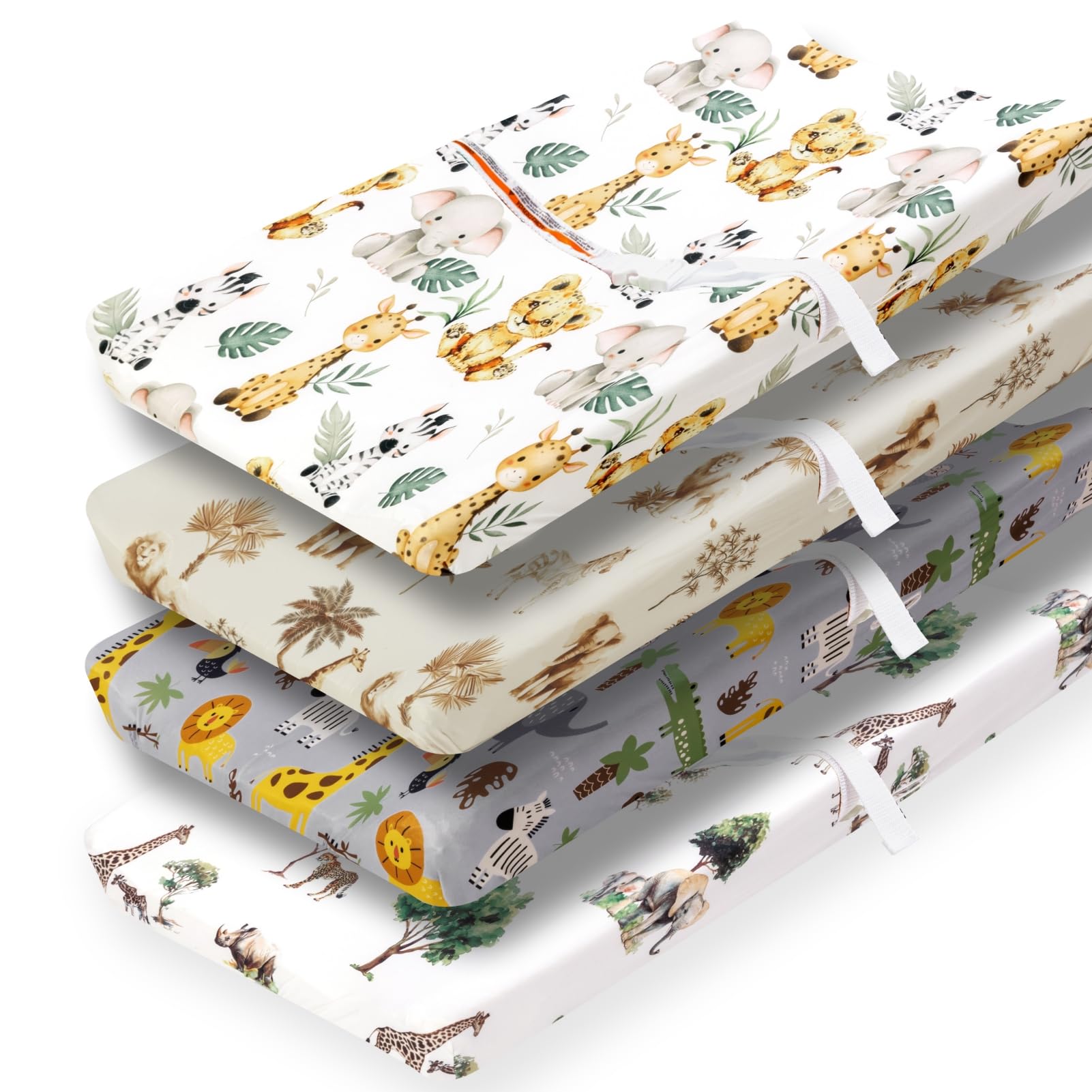 Photo 1 of 4 Pack Safari Jungle Animals Neutral Unisex Fitted Nursery Baby Sheets Set Toddler Mattress Sheets for Baby Boys or Girls (Changing Pad Cover)