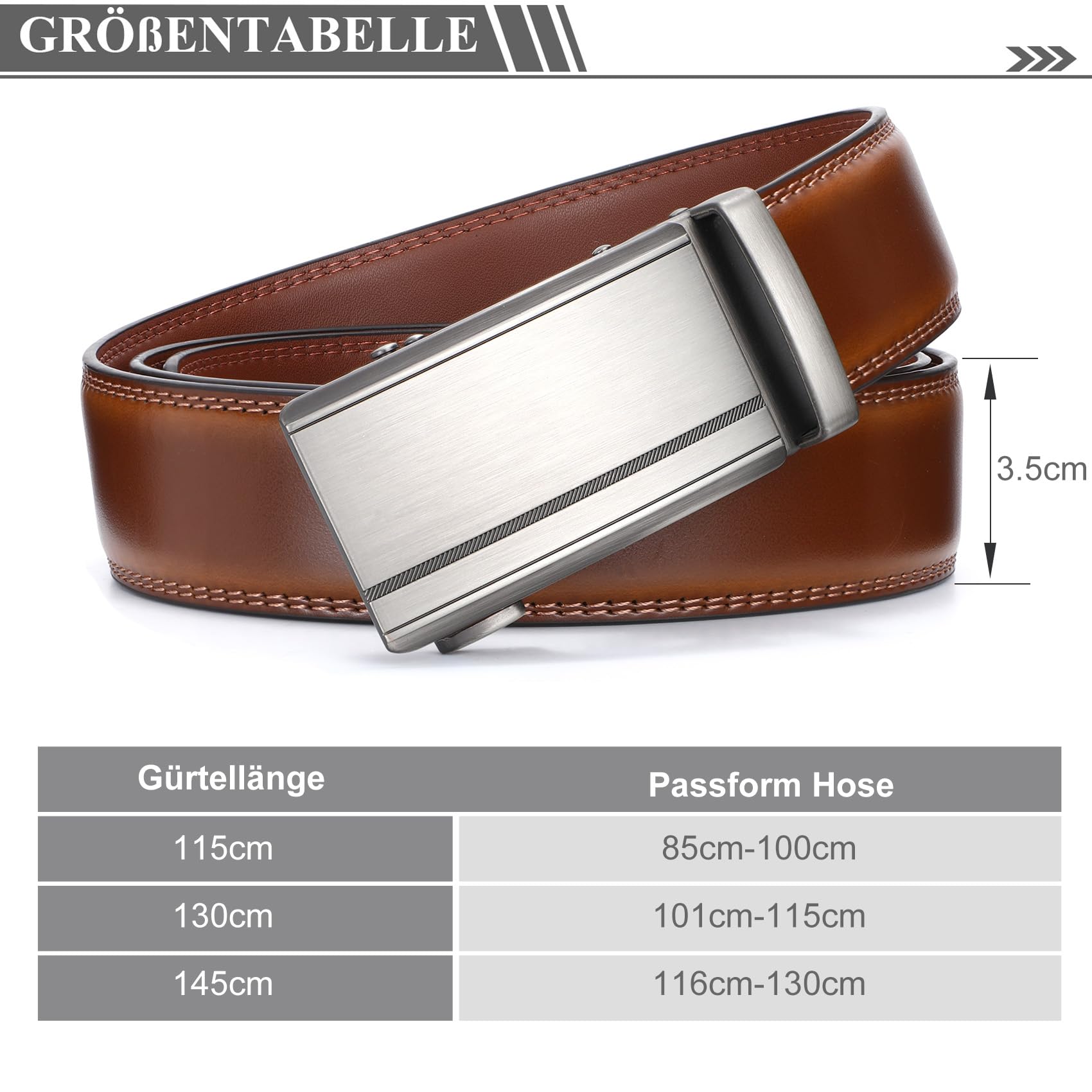 WHIPPY Automatik Gürtel Herren Leder Ratsche Ledergürtel Gürtel ohne Löcher, Breit 35mm braun 115cm 6
