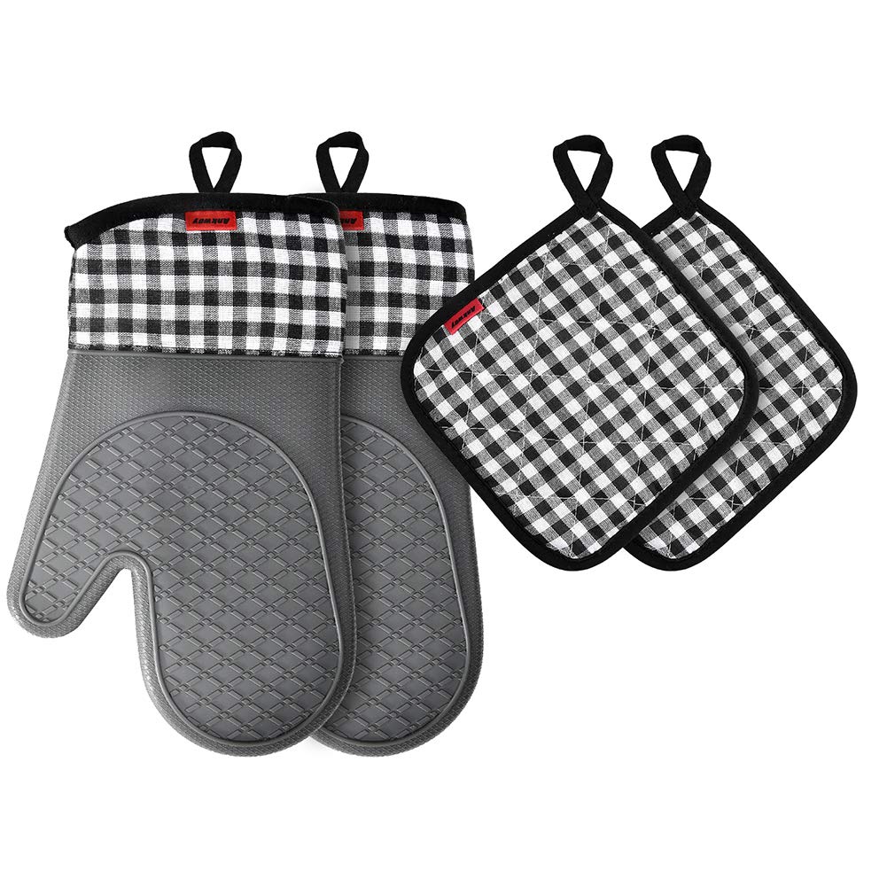 Ankway Oven Gloves and Pot Holders Set, Heat Resistant Silicone Oven Mitts, Non-Slip Pot Holders and Reusable Cotton Pads for Cooking Baking BBQ Grill Barbecue Microwave, Grey, 14.5 * 30cm (ASI007-P)