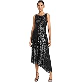 Maggy London Women's Elegant Sequin Asymmetrical Hem Midi Cocktail-Sleeveless High Neck Evening Formal Dress