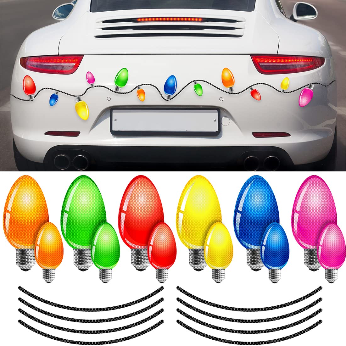 Photo 1 of 20 Pieces Reflective Christmas Car Magnets Set, 12 Pieces Xmas Holiday Christmas Lights Bulb Magnet Set for Xmas Holiday Winter Party Car, Garage, Mailbox, Refrigerator Decal with 8 Magnet Wire
