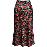 Keasmto Leopard Skirt for Women Midi Length High Waist Silk Satin Elasticized Cheetah Casual Ladies Skirts