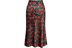 Keasmto Leopard Skirt for Women Midi Length High Waist Silk Satin Elasticized Cheetah Casual Ladies Skirts