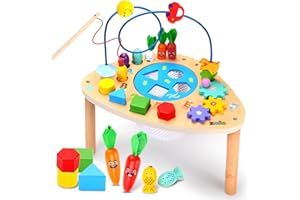 ZHUSI Activity Table for 1+ Year Old, 6 in 1 Wooden Montessori Toys with Fishing Game Bead Maze Shape Sorter Toy, Baby Sensory Toys Toddler Toys 1st Birthday Gifts for Girls Boys