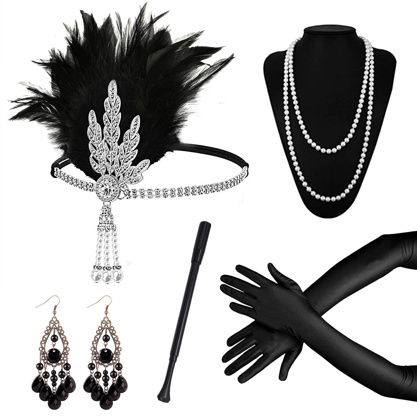 Grantop 1920 Accessories Set, 5pcs Great Gatsby Accessories with Headband Earrings Pearl Necklace Gloves Handheld Props, 1920s Flapper Costume Vintage Accessories for Women Girl (Style-2)