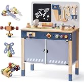 ROBOTIME Kids Wooden Tool Bench Set Large Storage Space Gift for Age 3+ | Haze blue workbench for building pretend play, develops problem-solving and fine motor skills, large storage, gift for age 3+