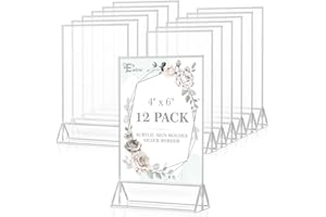 EHWINE 12 Pack Acrylic Sign Holder 4 x 6, Double Sided Silver Picture Frame Stand up Table Top Sign Holders, Clear Display Stand Menu Flyer Holder for Wedding Party(Provide Non-slip Mats)