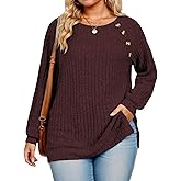 VISLILY Womens-Plus-Size-Tops Casual Long Sleeve Shirts Trendy Button Decor Tunics Lightweight Sweaters Side Split Blouses