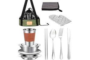 FREEHIKER Camping Mess Kit - 1 to 2 persons Camping Dishes includes Cups, Bowls, Knives, Forks, Spoons, Camping Dinnerware Set Camping Cooking Utensils Accessories Plates Dinnerware Set
