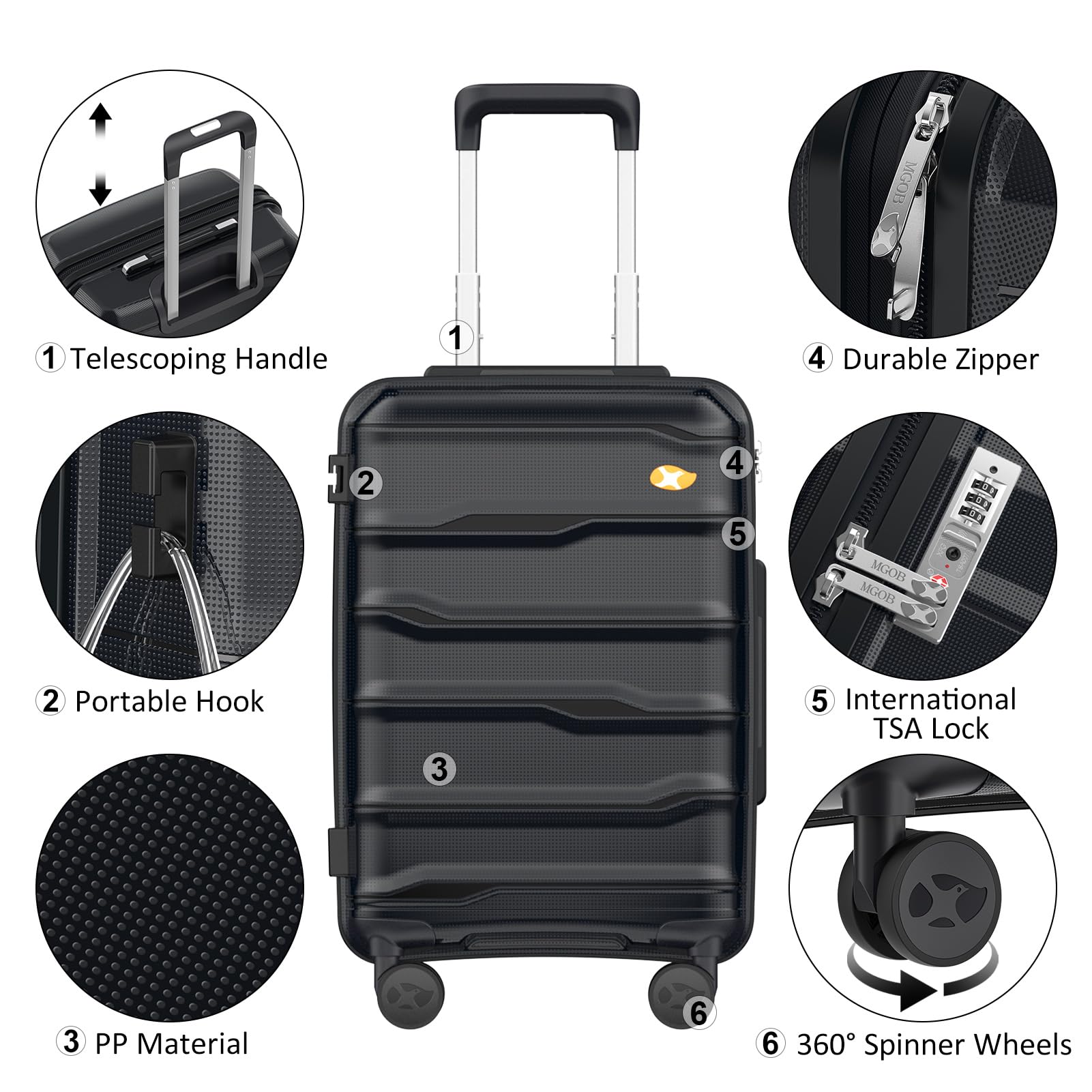 MGOB Carry On Luggage 22x14x9 Airline Approved, Hard Shell Suitcase with Spinner Wheels, PP Lightweight Luggages with TSA Lock, Carry-On Suitcases 20 Inch, Black