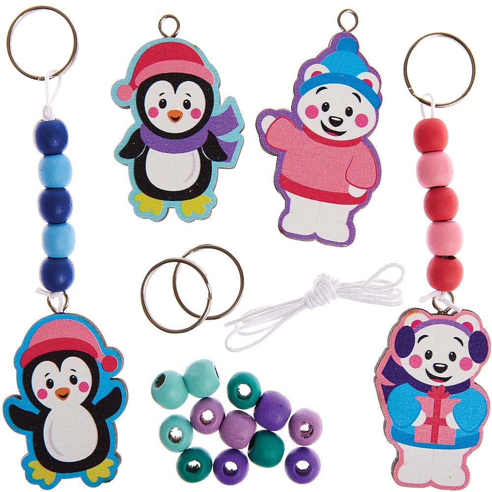 Baker Ross FX352 Penguin and Polar Bear Wooden Keyring Kits - Pack of 4, Wood Craft Keyring for Kids Christmas Filler Party, Arts and Crafts for Kids