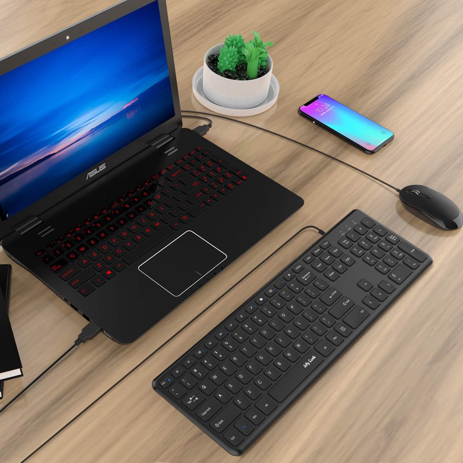 Wired Keyboard and Mouse, Jelly Comb Ultra Thin Full Size USB Wire Corded Keyboard Mouse Combo Set with Number Pad for Computer, Laptop, PC, Desktop, Notebook, Windows 7, 8, 10 (Black): Computers & Accessories