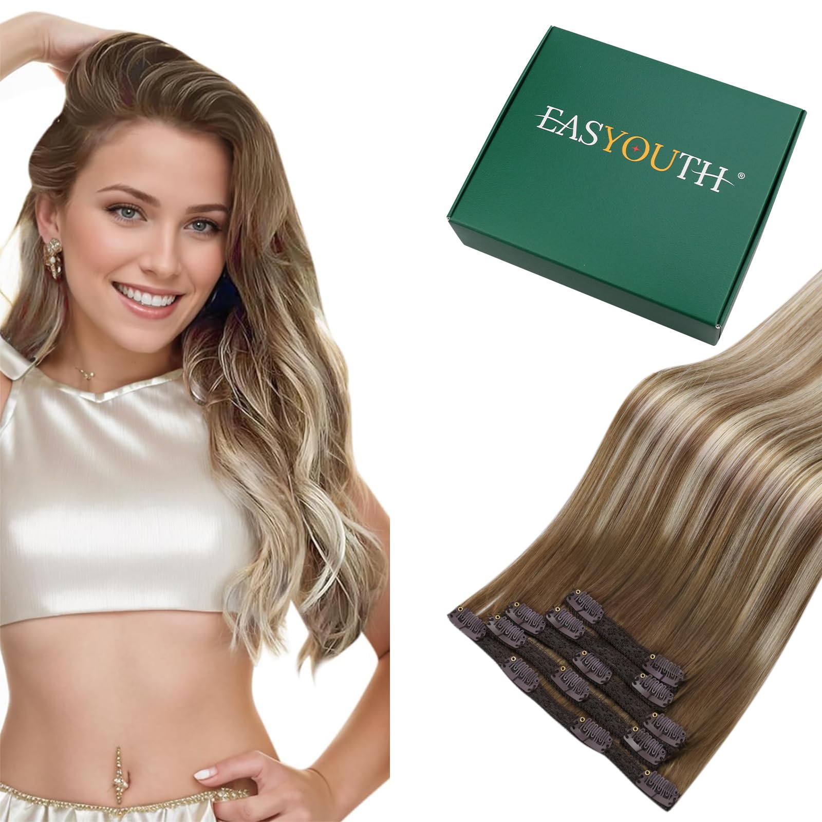 Easyouth Balayage Hair Extensions Clip in Human Hair 22 Inch Clip in Extensions Real Double Weft Light Brown to Platium Blonde with Brown Clip-in Extensions Long Straight 70g 5Pcs — image 1
