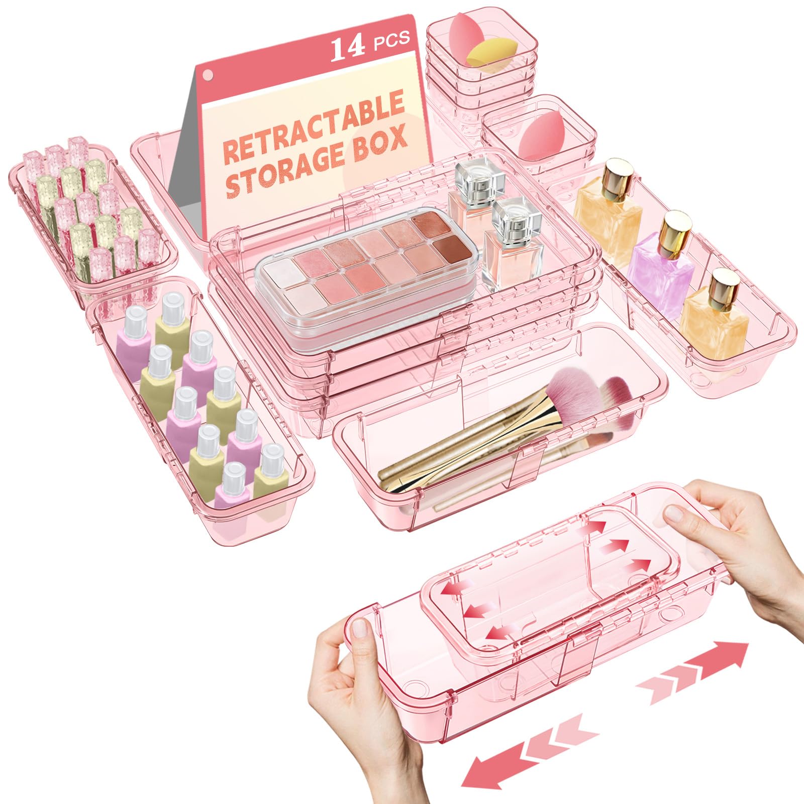 Photo 1 of 14 Pcs Clear Drawer Organizer, Adjustable Drawer Storage Box, 3-Size Desk Drawer Organizer, Acrylic Storage Bins for Makeup, Kitchen Utensils, Bedroom Dressers Tool Organizer for Gadgets, Pink