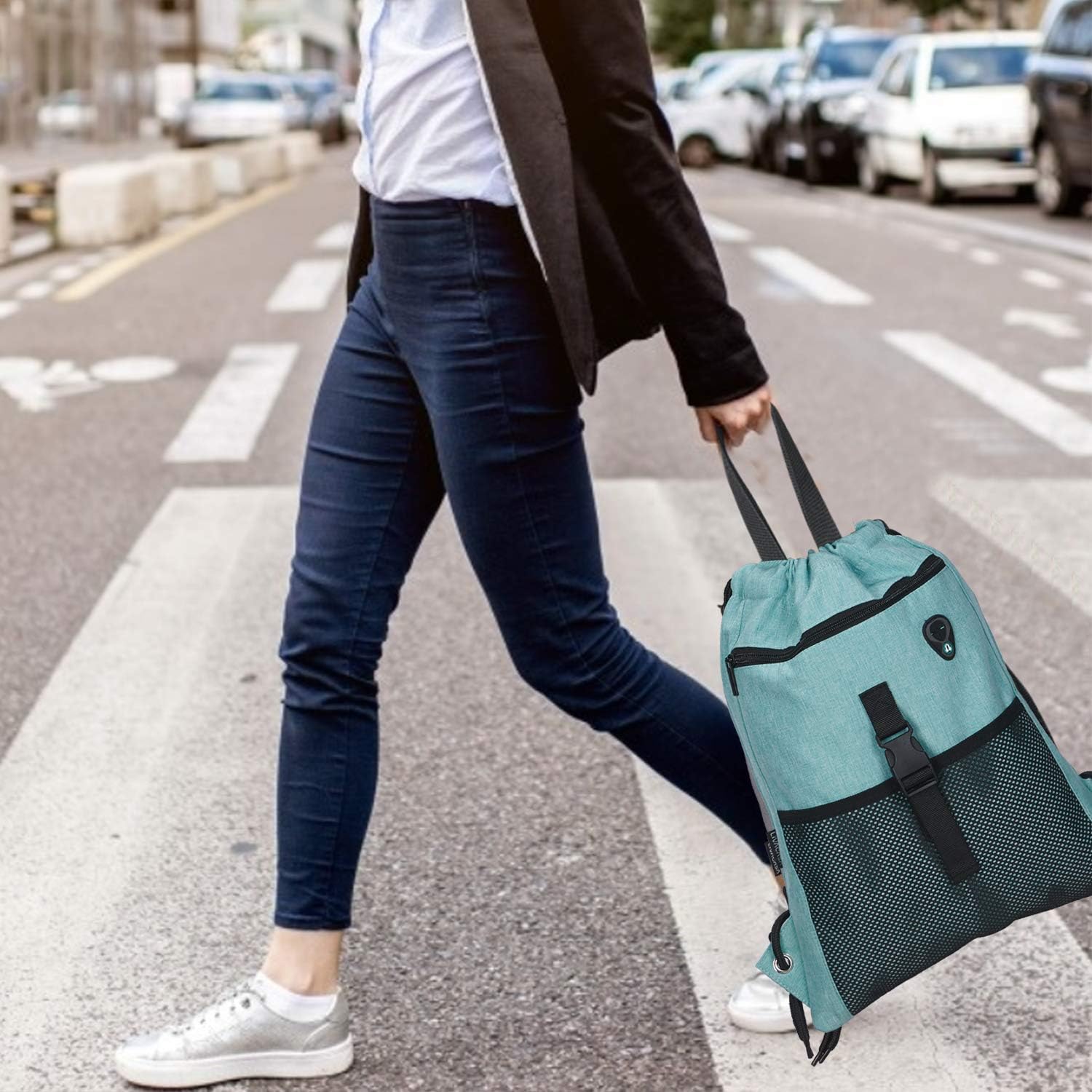 LIVACASA Drawstring Bag Gym with Pockets Sports Sack with Handle Drawstring Backpack Travel for Men Women Green 16.5x13In: Sports & Outdoors