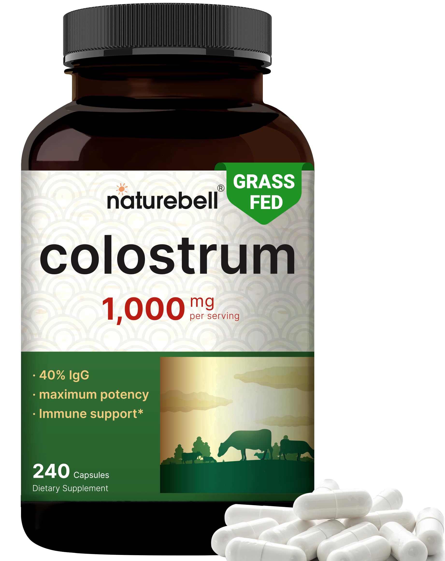 NatureBell Bovine Colostrum Supplement 1,000mg Per Serving, 240 Capsules | 40% IgG Colostrum Powder for Gut Health, Bloating, Skin, Hair & Immune Support – Non-GMO