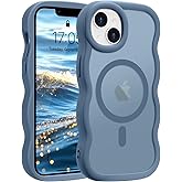 Pepmune for iPhone 13/14 Case, Curly Wave Frame Hard Translucent Clear Back Cover for Women Men Compatible with Magsafe Stylish TPU Shockproof Drop Protection Phone Case for iPhone 13/14, Blue