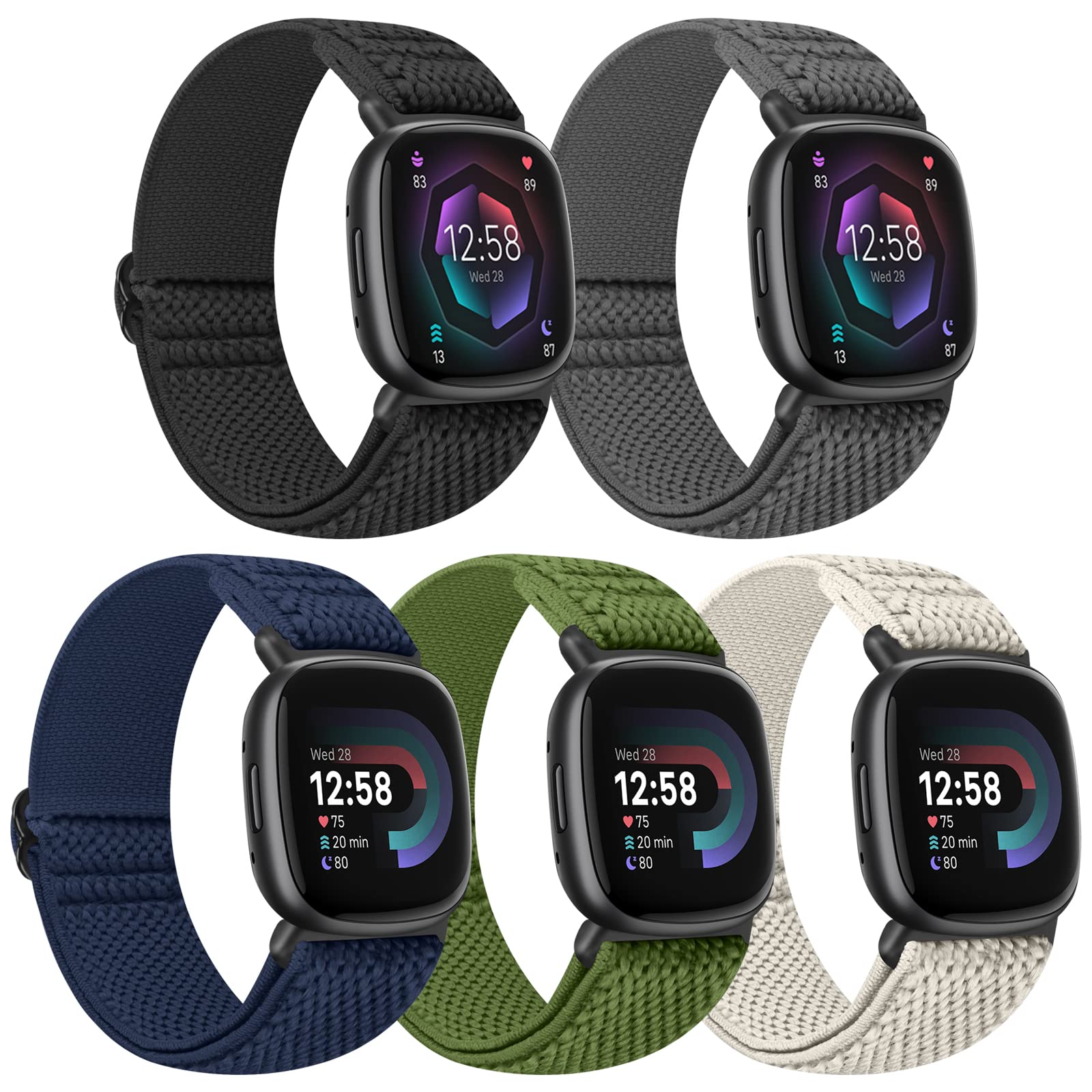 Tiptops 5 Pack Straps Compatible for Fitbit Versa 4/Fitbit Sense 2 Straps/Fitbit Versa 3/Fitbit Sense Bands Men Women, Adjustable Comfortable Loop Nylon Sports Replacement Stretchy Bands — image 1